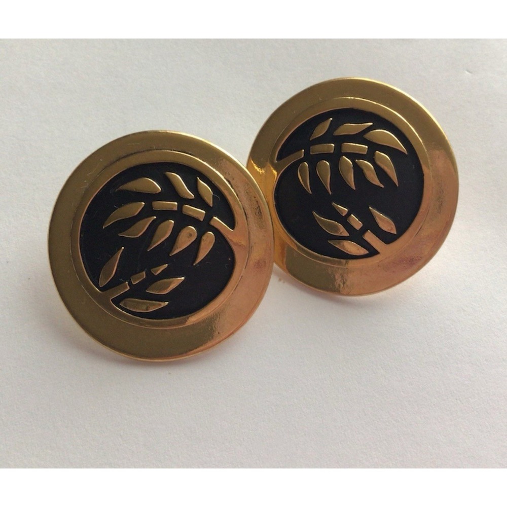 Vintage LAUREL BURCH Cloisonné Black Enamel Gold Tone leaf motif pierce Earrings